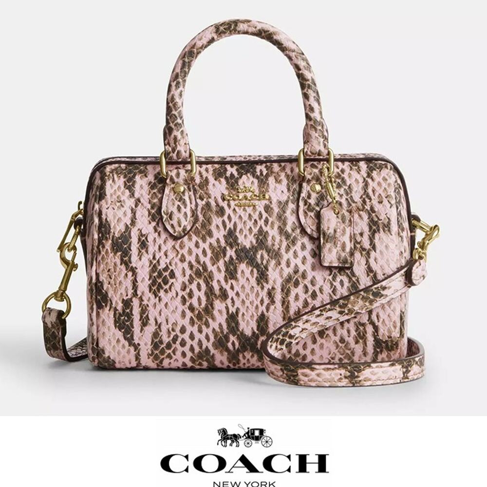 NWT ❤️Coach Mini Rowan Crossbody Bag snake embossed leather/Gold/Pink